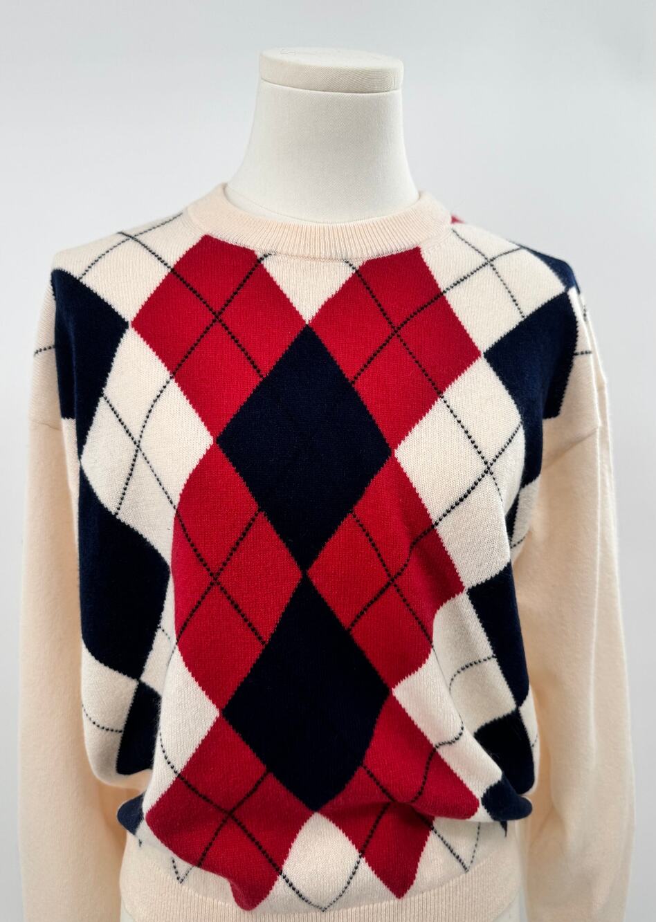 J Crew Ivory 100% Cashmere Red Blue Argyle Sweater Relaxed Crewneck S NWT